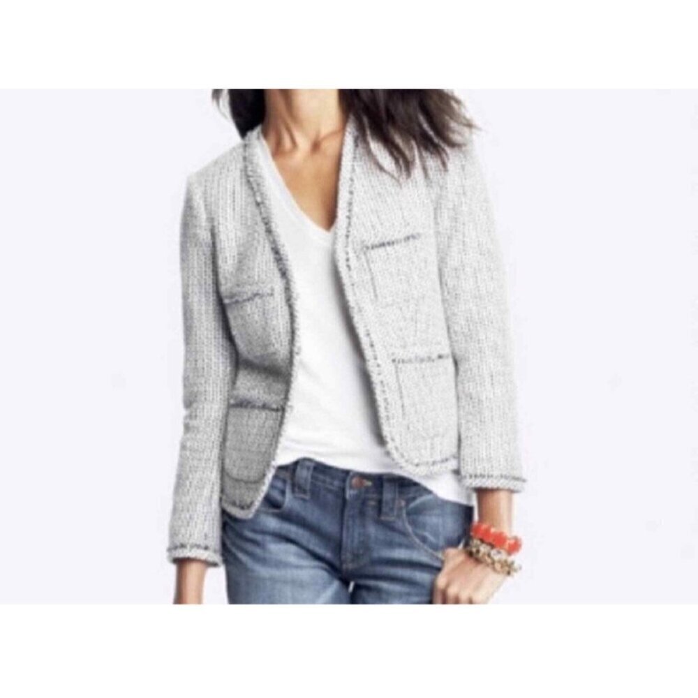 J-Crew Blazer Womens neutral tweed fringed size Small patch pocket office jacket